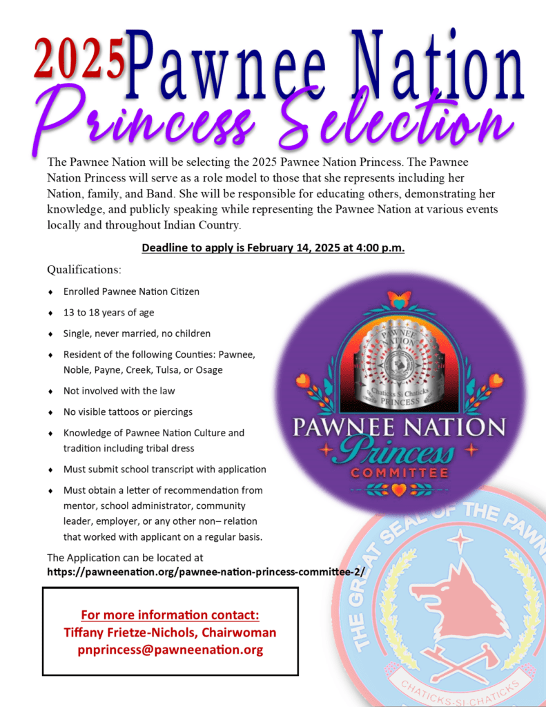 image reflects advertisement for the Pawnee Nation Princess Selection for 2025