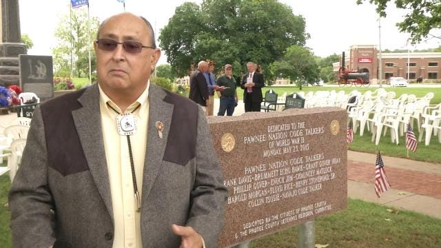 pawnee-code-talkers-honored-for-ww2-service.1432611499000-1 President Marshall Gover at the Monument Dedication in Pawnee, OK